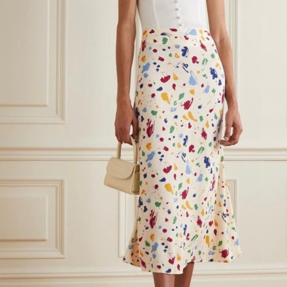 Reformation Bea Cream Midi Skirt with Multicolor Paint-Splatter Print